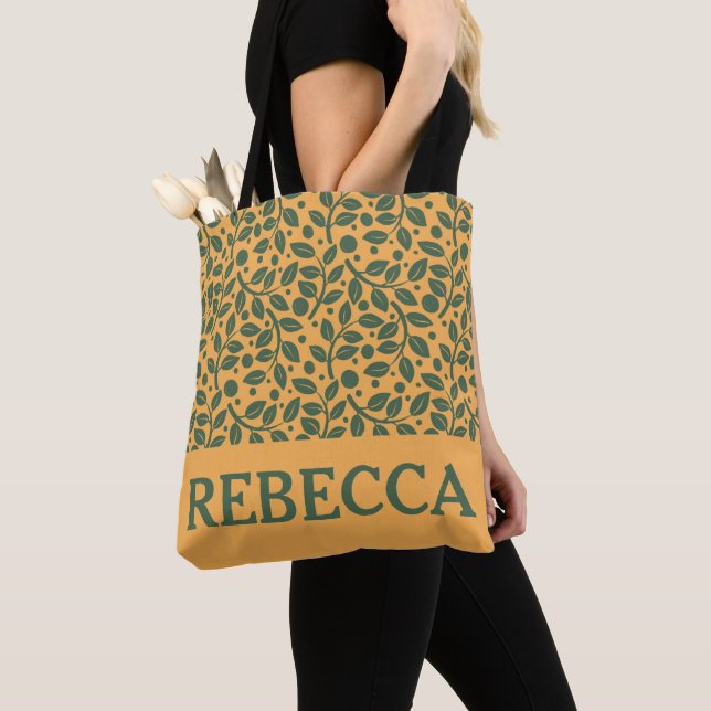 Orange and Green Leaf Pattern Tote Bag (Close Up)