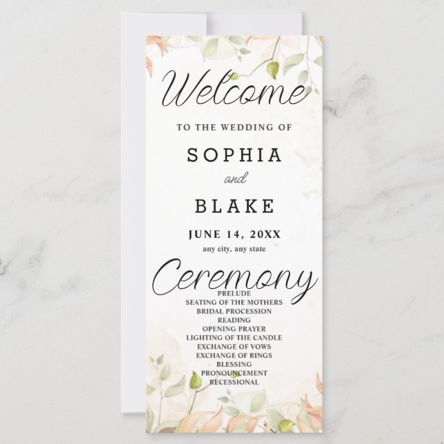 Orange and Green Leaves White Wedding Program (Front)