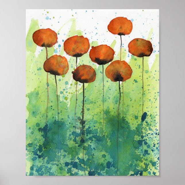 Orange and Green Poppies, Watercolor Flowers Wall Poster (Front)