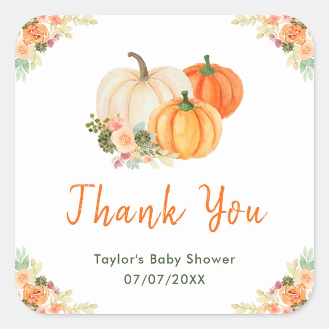 Orange and Green Pumpkins Baby Shower Thank You Square Sticker (Front)