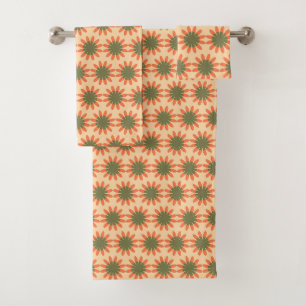Orange and Green Retro Flower Pattern Bath Towel Set