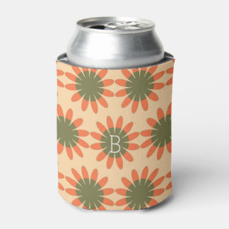 Orange and Green Retro Flower Pattern Can Cooler