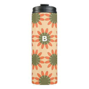 Orange and Green Retro Flower Pattern Monogram Thermal Tumbler