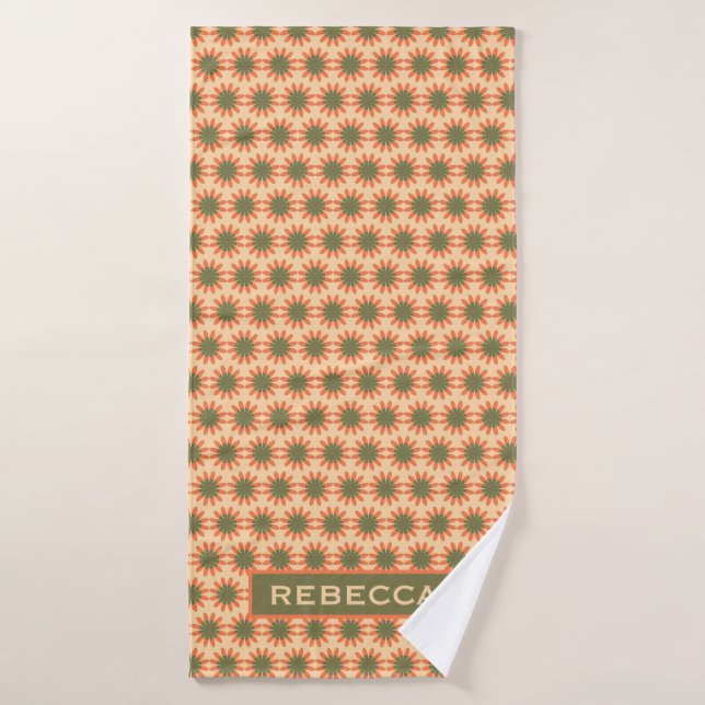 Orange and Green Retro Flower Pattern Personalised Bath Towel (Bath Towel)