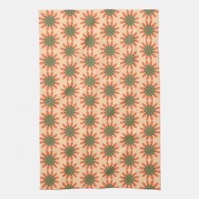 Orange and Green Retro Flower Pattern Tea Towel (Vertical)