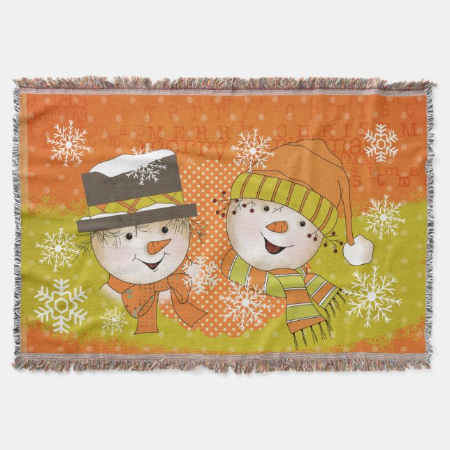 Orange and Green Snowmen Holiday Throw (Front)