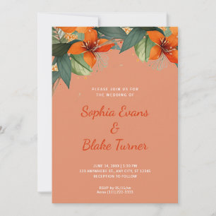 Orange and Green Tropical Floral Orange Wedding Invitation