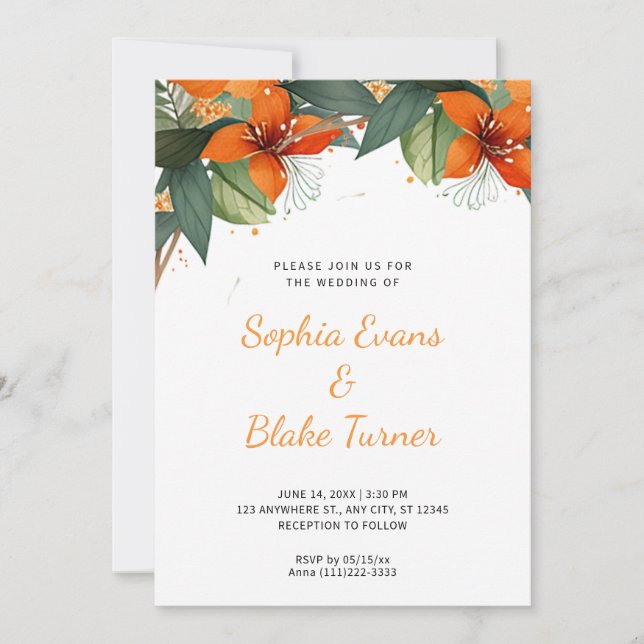 Orange and Green Tropical Floral White Wedding Invitation (Front)