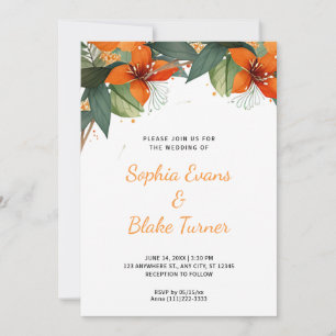 Orange and Green Tropical Floral White Wedding Invitation