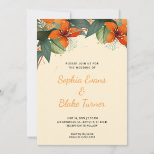 Orange and Green Tropical Floral Yellow Wedding Invitation