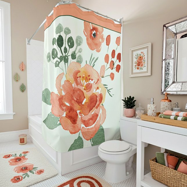 Orange and green watercolor floral shower curtain (Creator Uploaded)