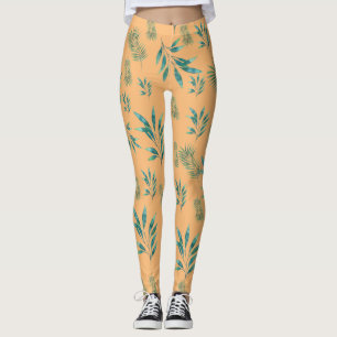 Orange and Green Watercolor Palm Leaves Leggings