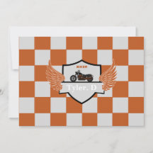 Orange and grey chequered and motorcycle