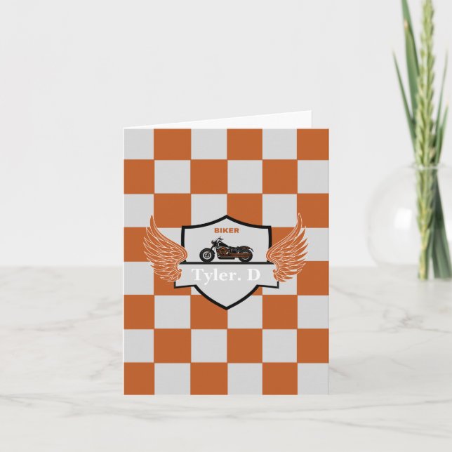 Orange and grey chequered, motorcycle baby announcement (Front)