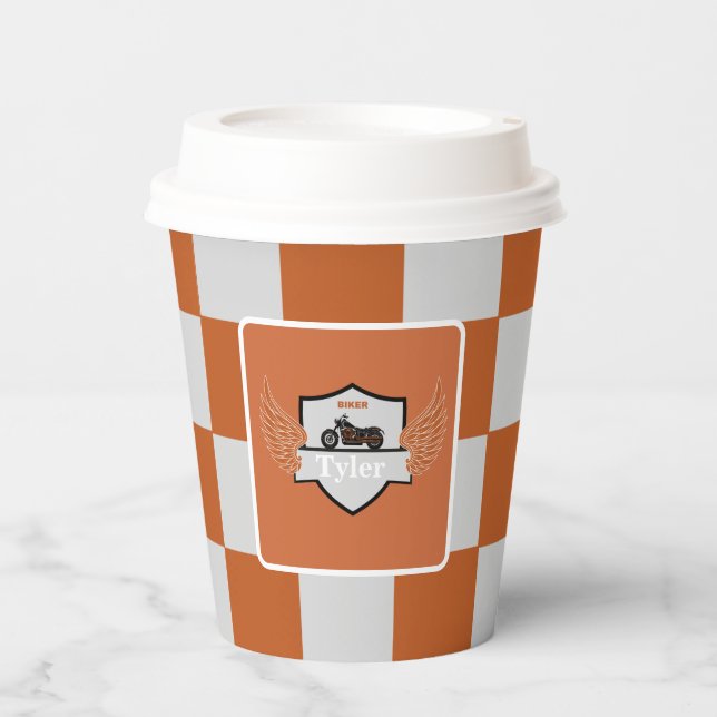 Orange and grey chequered Paper cup (Front)