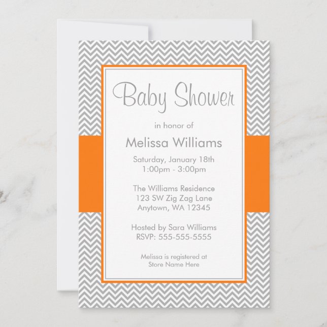 Orange and Grey Chevron Baby Shower Invitations (Front)