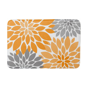 Orange and Grey Chrysanthemums Floral Pattern Bath Mat