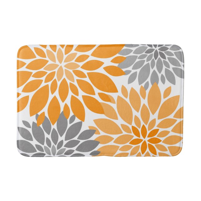 Orange and Grey Chrysanthemums Floral Pattern Bath Mat (Front)