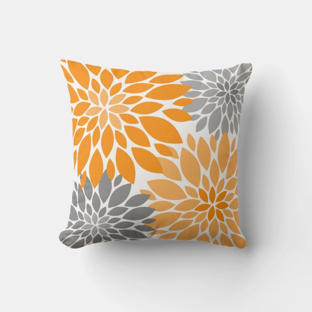 Orange and Grey Chrysanthemums Floral Pattern Cushion (Front)