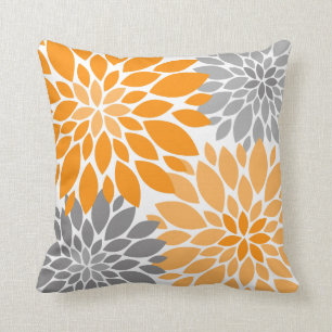 Orange and Grey Chrysanthemums Floral Pattern Cushion