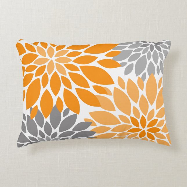 Orange and Grey Chrysanthemums Floral Pattern Decorative Cushion (Front)