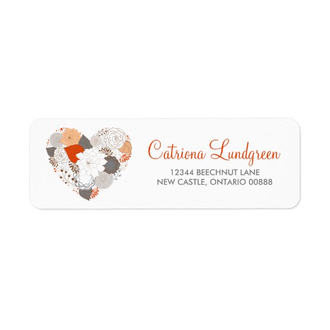 Orange and Grey Floral Heart Wedding Address Label (Front)