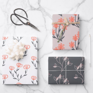 Orange and Grey Floral Wrapping Paper Sheets