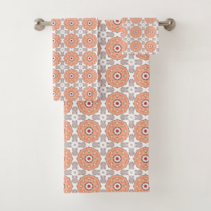Orange and grey geometric circular pattern bath towel set