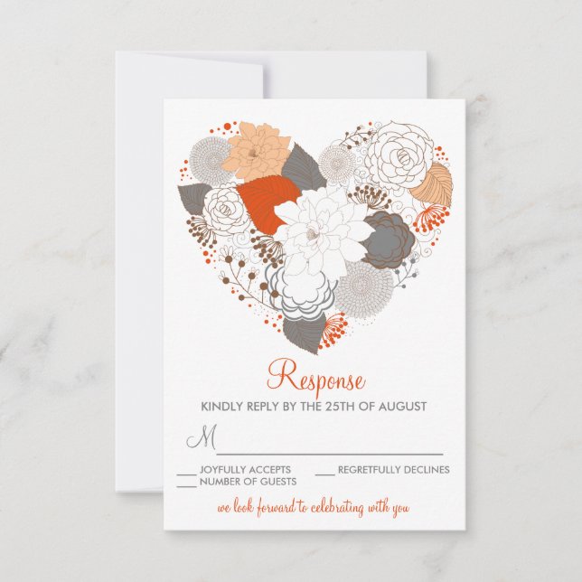 Orange and Grey Heart Flowers Wedding RSVP Card (Front)