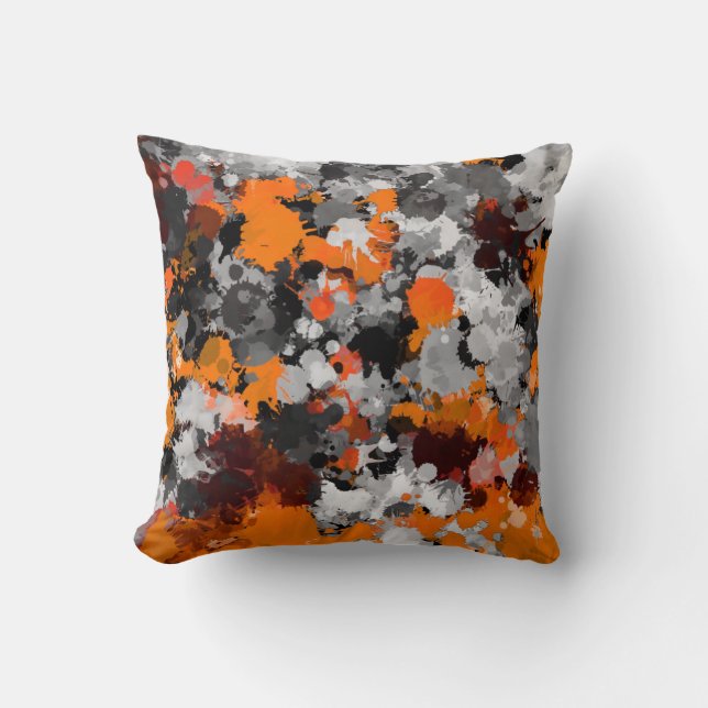 Orange and Grey Paint Splatter Cushion (Front)