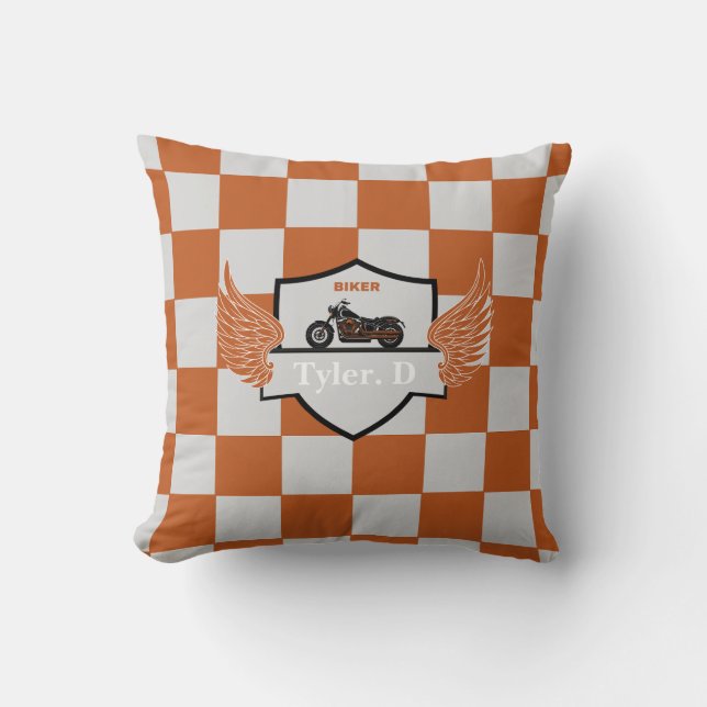 Orange and grey wings chequered motorcycle cushion (Front)
