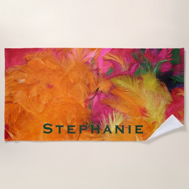 Orange and Hot Pink Beach Towel with Green Name (Front)
