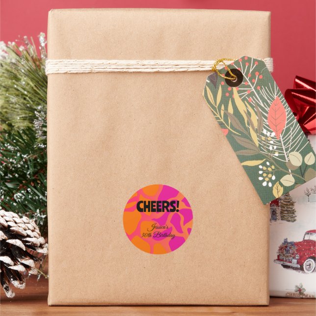 Orange and Hot Pink Gradient Cheers Classic Round Sticker (Holiday)