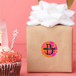 Orange and Hot Pink Gradient Monogram  Classic Round Sticker