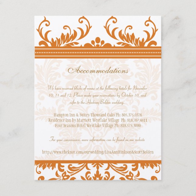 Orange and Ivory Damask Wedding Insert Card (Front)