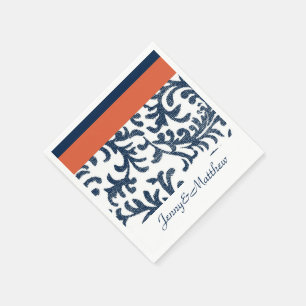 Orange and Navy Blue Floral Damask Napkin