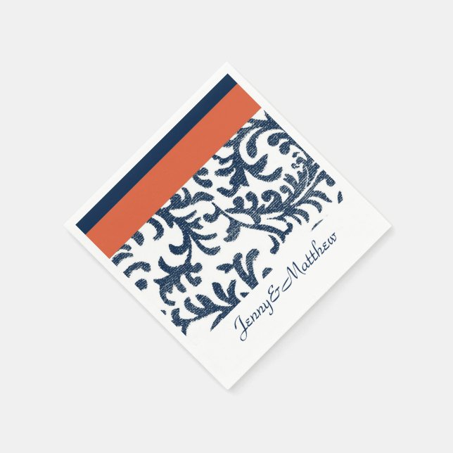 Orange and Navy Blue Floral Damask Napkin (Corner)