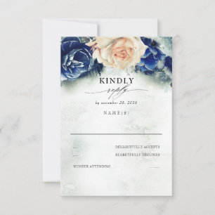 Orange and Navy Blue Floral Wedding RSVP Card