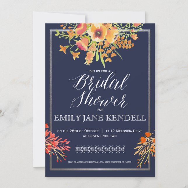 Orange and Navy Floral Bridal Shower Design Invitation (Front)
