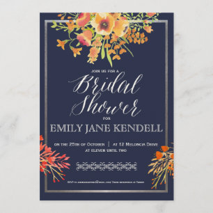 Orange and Navy Floral Bridal Shower Design Invitation