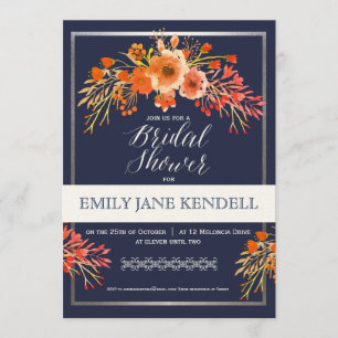 Orange and Navy Floral Bridal Shower Design Invitation
