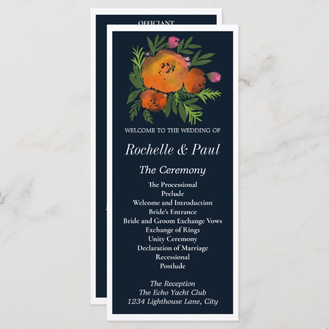 Orange and Navy Floral Modern Bold Wedding Program (Front/Back)