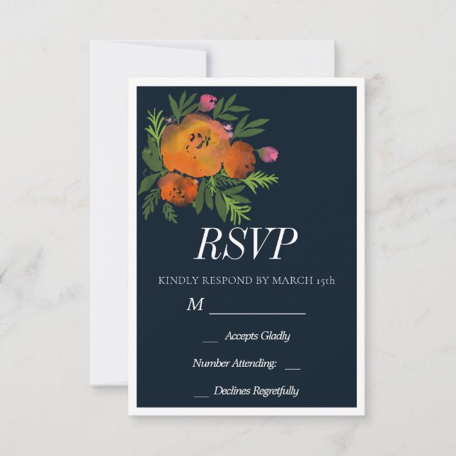 Orange and Navy Floral Modern Bold Wedding RSVP Card (Front)
