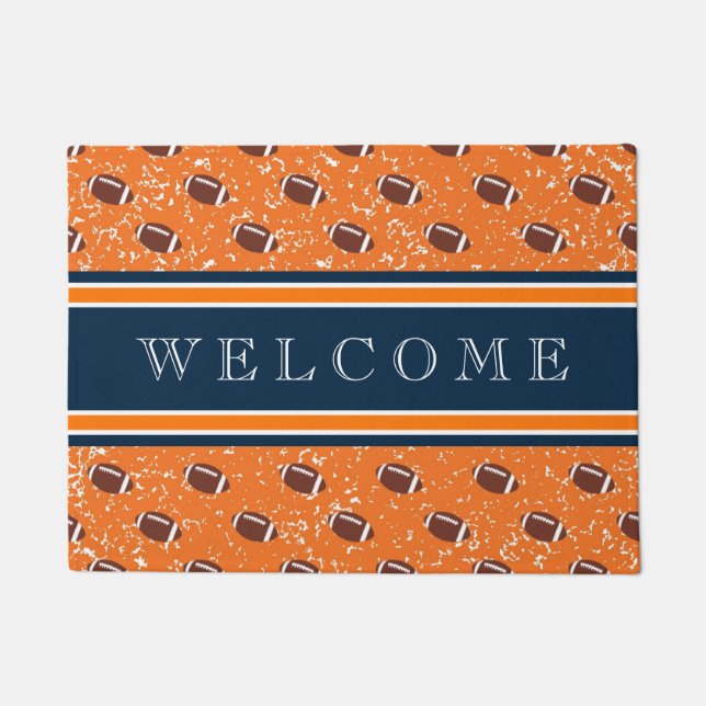 Orange and Navy Footballs Doormat (Front)