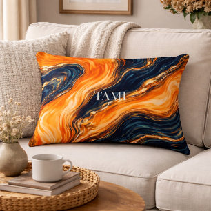 Orange and Navy Marble Abstract Name Decorative Cushion