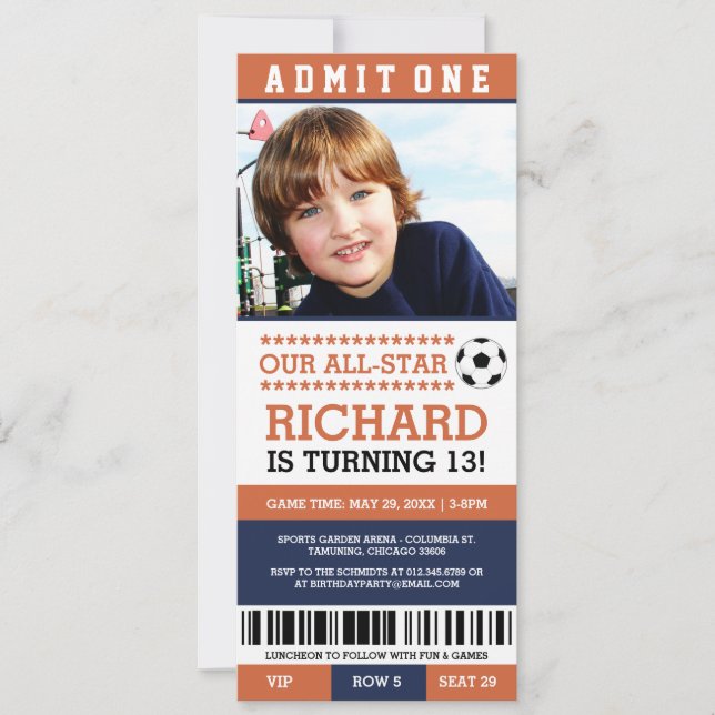 Orange and Navy Soccer Ticket Birthday Invites (Front)