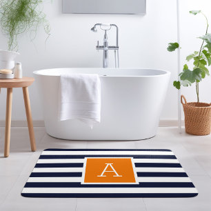 Orange and Navy Stripes Monogram Bath Mat