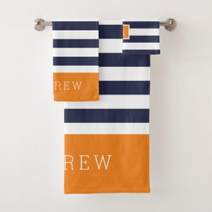 Orange and Navy Stripes Monogram Bath Towel Set