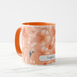 Orange and Peach Flowers and Butterflies Mug