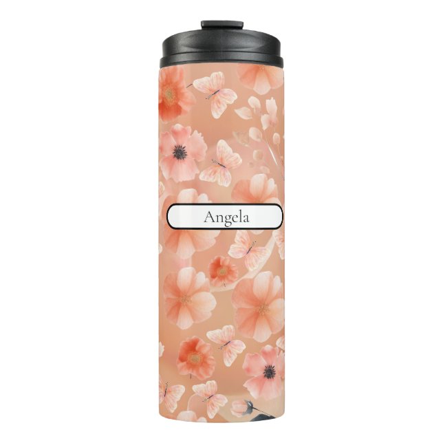 Orange and Peach Flowers and Butterflies Thermal Tumbler (Front)